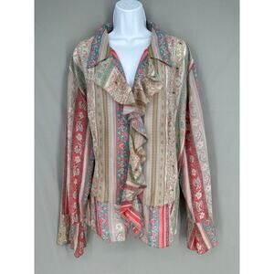 90s Vintage Top Womens 2X Beige Paisley Ruffle Bohemian Chiffon Sheer Button